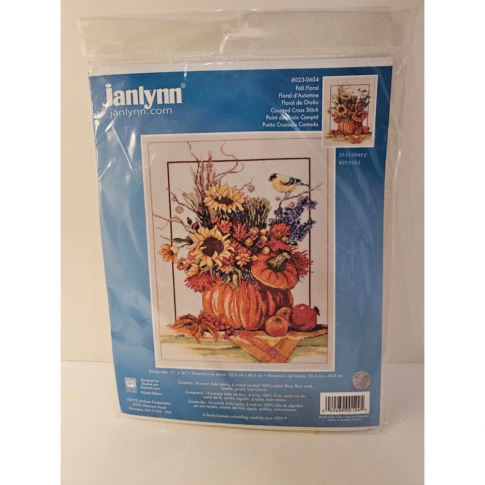Janlynn Fall Floral 12x16‎ Counted Cross Stitch 023-0604 NEW Pumpkin Leaf Bird